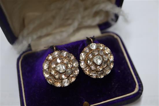 A pair of early 20th century old rose cut diamond and yellow metal target earrings, 20mm.